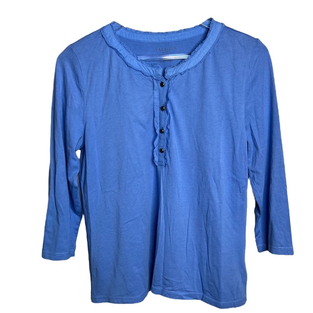 Talbots Blue Half Button Down Blouse Shirt W/ 3 Quarter Inch Sleeves
